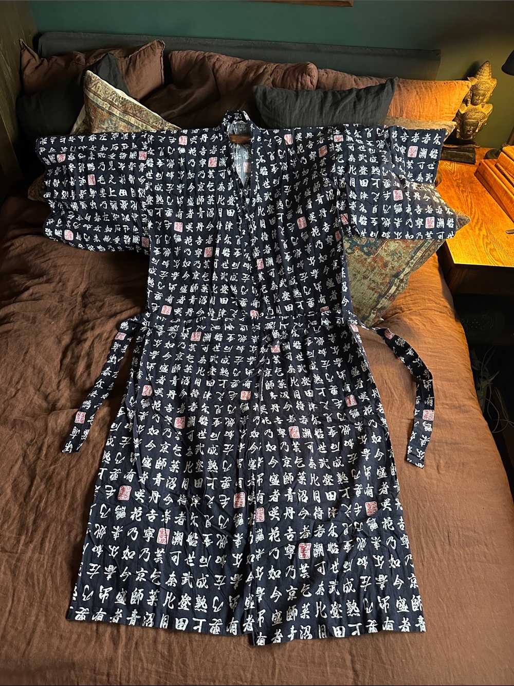 🇯🇵Unisex Blue Black Japanese Calligraphy Print Kimono Wrap Dress Robe Ethnic